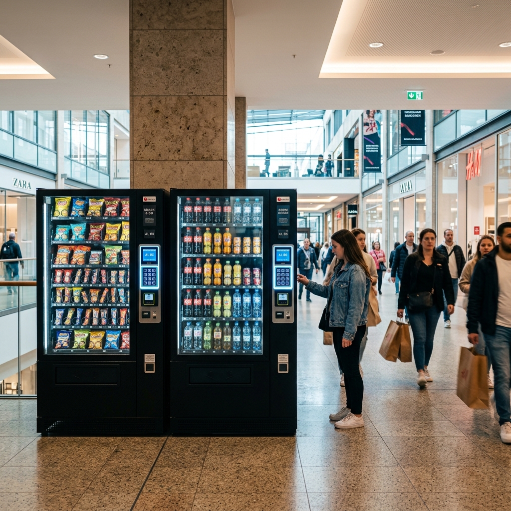 3 modern vending machines in a busy location